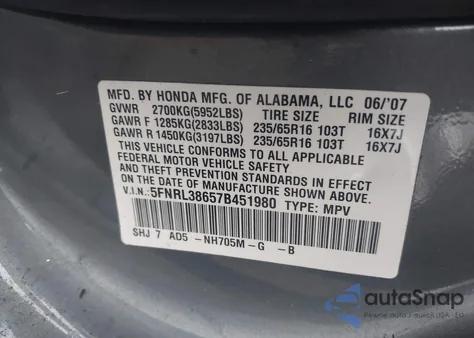 2007 Honda Odyssey Ex-L z USA, uszkodzony, nr VIN 5FNRL38657B451980
